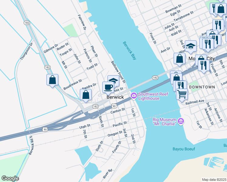 map of restaurants, bars, coffee shops, grocery stores, and more near 400 Texas Street in Berwick