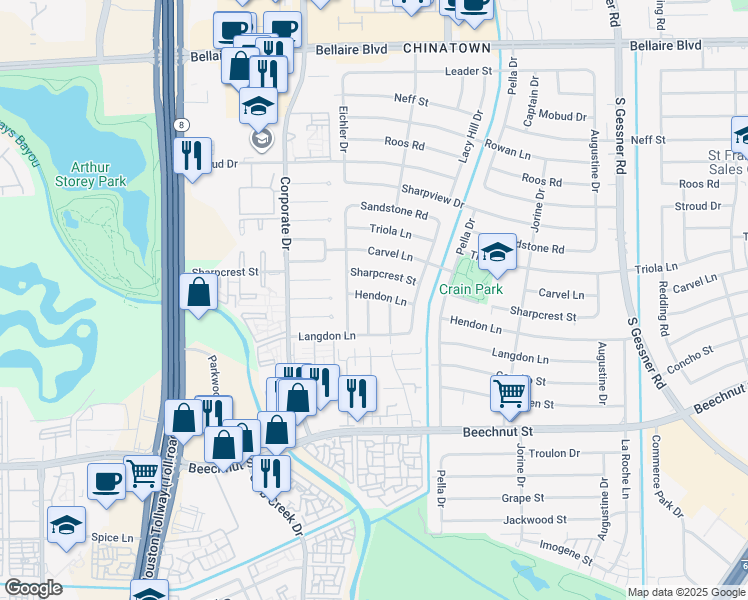 map of restaurants, bars, coffee shops, grocery stores, and more near 7703 Colony Drive in Houston