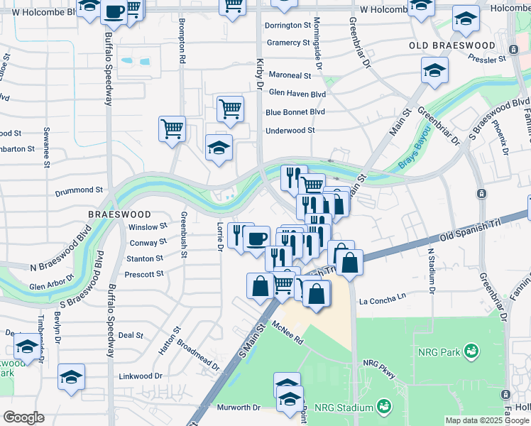 map of restaurants, bars, coffee shops, grocery stores, and more near South Braeswood Boulevard in Houston