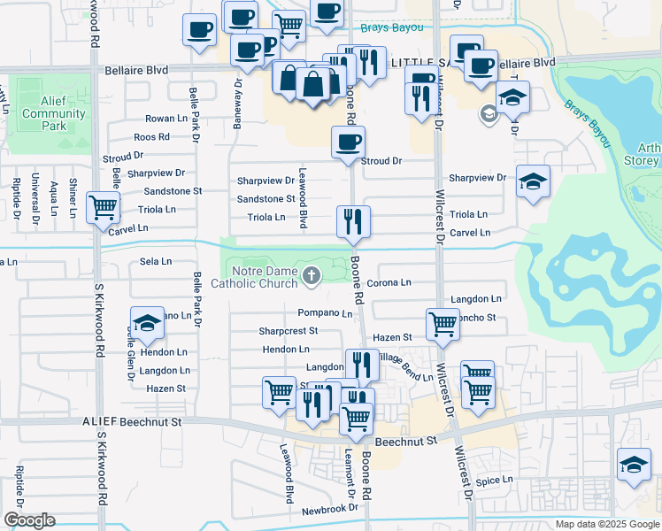 map of restaurants, bars, coffee shops, grocery stores, and more near 7700 Boone Road in Houston