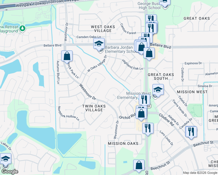 map of restaurants, bars, coffee shops, grocery stores, and more near 18010 Barton Ridge Lane in Richmond