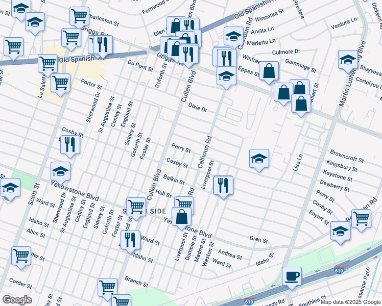 map of restaurants, bars, coffee shops, grocery stores, and more near 4524 Perry Street in Houston