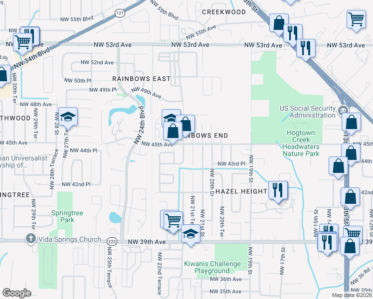 map of restaurants, bars, coffee shops, grocery stores, and more near 4413 Northwest 21st Drive in Gainesville