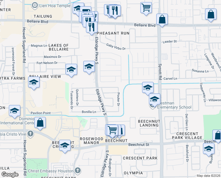 map of restaurants, bars, coffee shops, grocery stores, and more near 13535 San Martin Lane in Houston