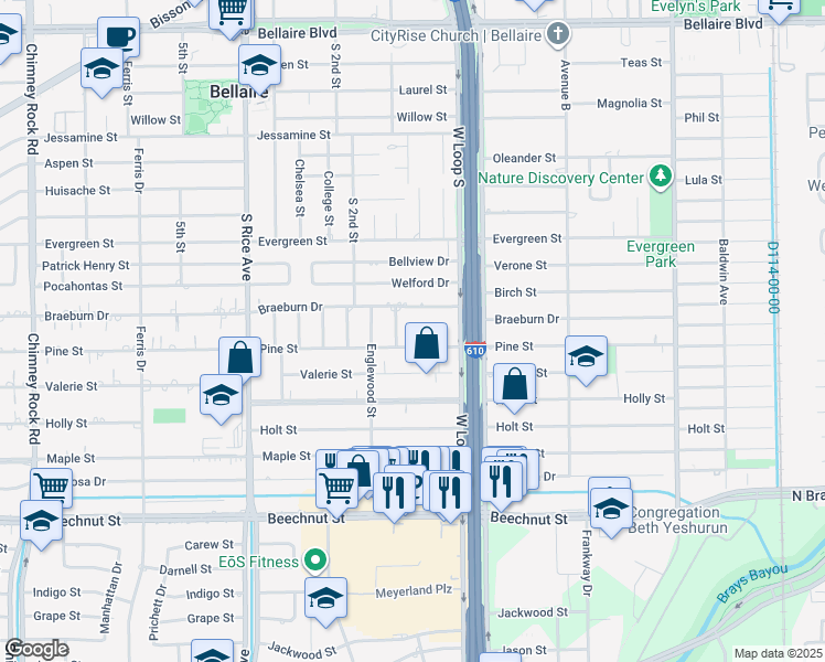 map of restaurants, bars, coffee shops, grocery stores, and more near 905 Jolen Court in Bellaire