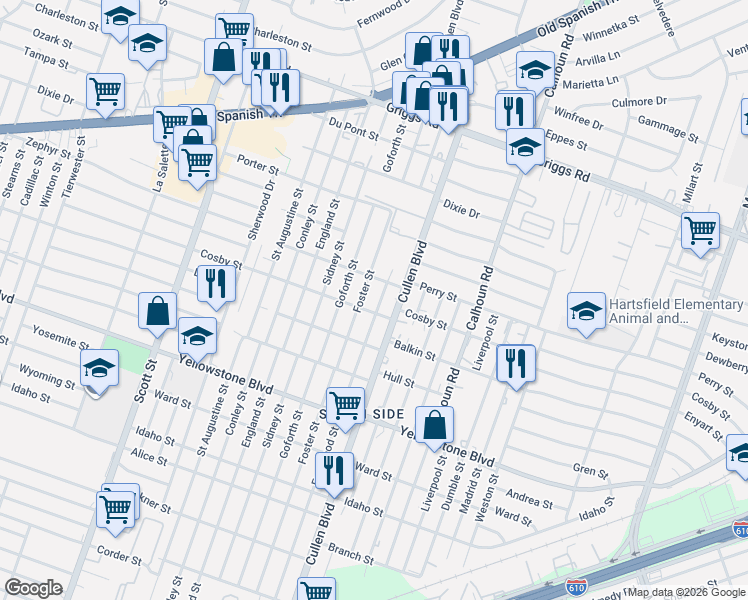 map of restaurants, bars, coffee shops, grocery stores, and more near 6318 Eastwood Street in Houston