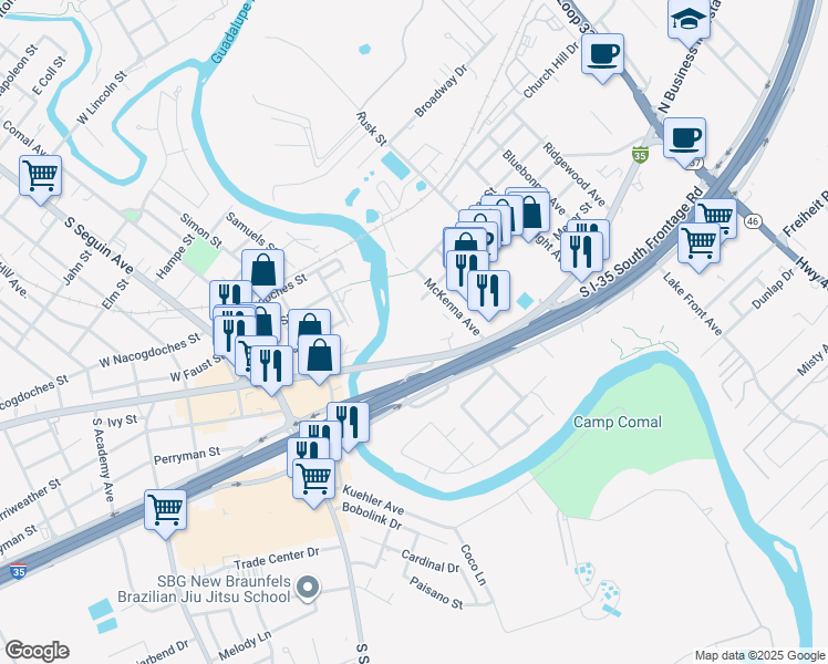map of restaurants, bars, coffee shops, grocery stores, and more near 453 Texas 46 Business in New Braunfels