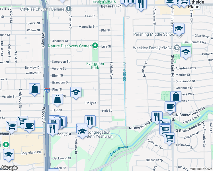 map of restaurants, bars, coffee shops, grocery stores, and more near 4405 Effie Street in Bellaire