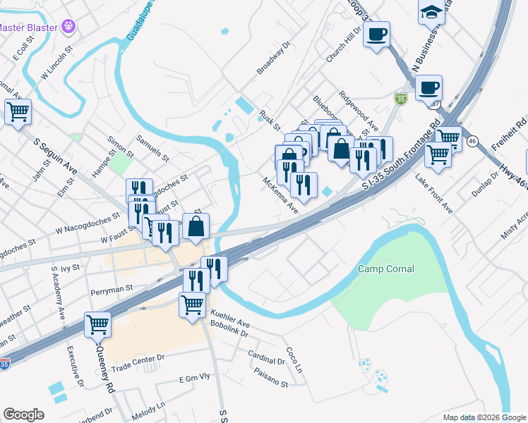 map of restaurants, bars, coffee shops, grocery stores, and more near 453 North Business IH 35 in New Braunfels