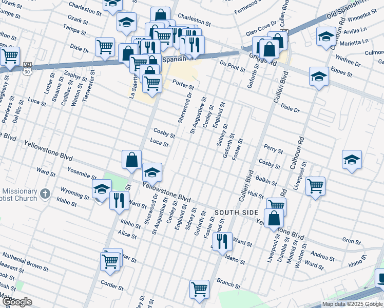 map of restaurants, bars, coffee shops, grocery stores, and more near 6420 Conley Street in Houston