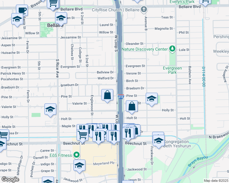 map of restaurants, bars, coffee shops, grocery stores, and more near 904 Lennette Court in Bellaire