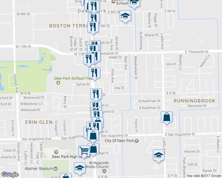 map of restaurants, bars, coffee shops, grocery stores, and more near 1802 Park Avenue in Deer Park