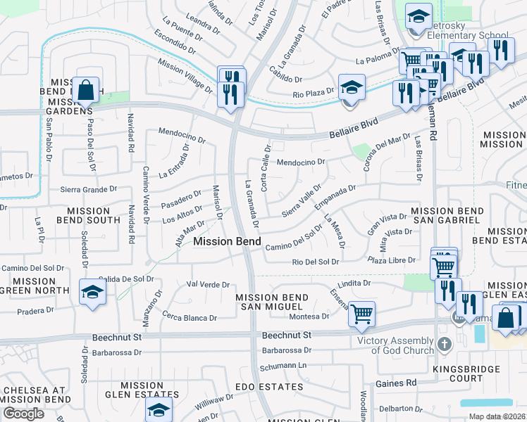 map of restaurants, bars, coffee shops, grocery stores, and more near 7310 Corta Calle Drive in Houston
