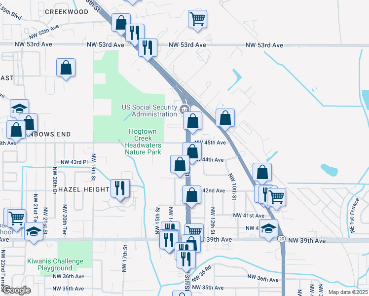 map of restaurants, bars, coffee shops, grocery stores, and more near 4434 Northwest 13th Street in Gainesville