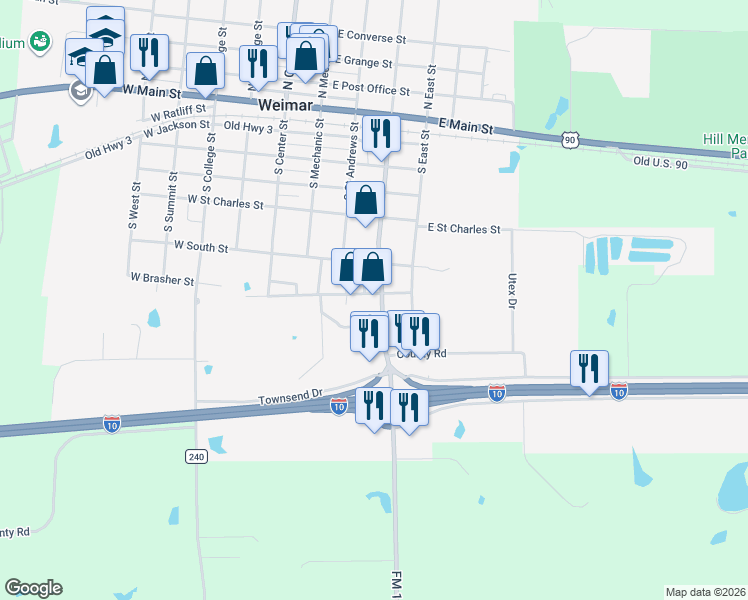 map of restaurants, bars, coffee shops, grocery stores, and more near 700 South Eagle Street in Weimar