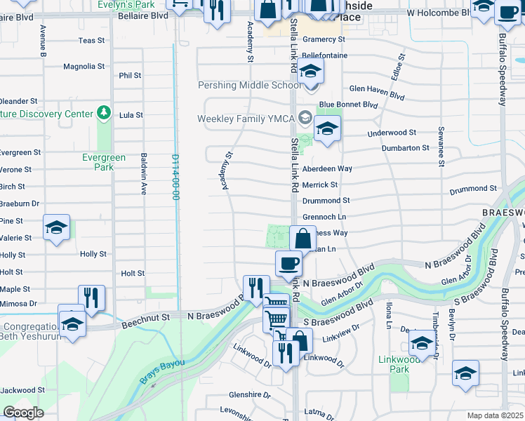 map of restaurants, bars, coffee shops, grocery stores, and more near 4034 Grennoch Lane in Houston