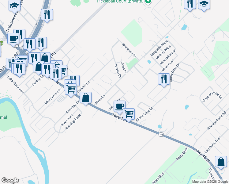 map of restaurants, bars, coffee shops, grocery stores, and more near 957 Floating Star in New Braunfels