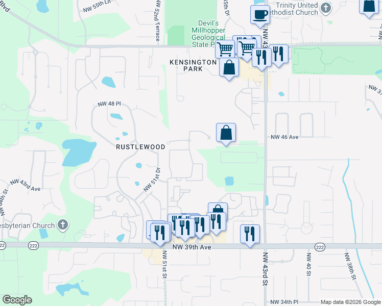 map of restaurants, bars, coffee shops, grocery stores, and more near 4481 Northwest 49th Street in Gainesville