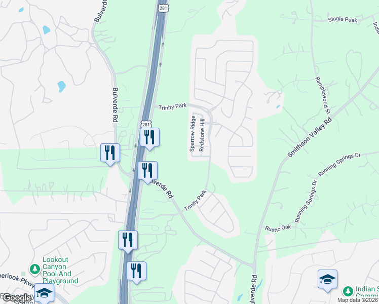 map of restaurants, bars, coffee shops, grocery stores, and more near 26611 Sparrow Ridge in San Antonio