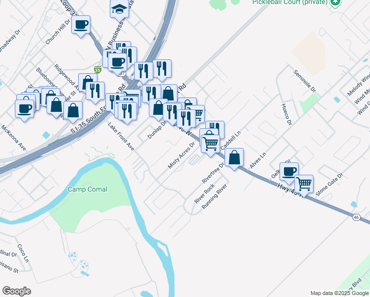 map of restaurants, bars, coffee shops, grocery stores, and more near 1149 Misty Acres Drive in New Braunfels