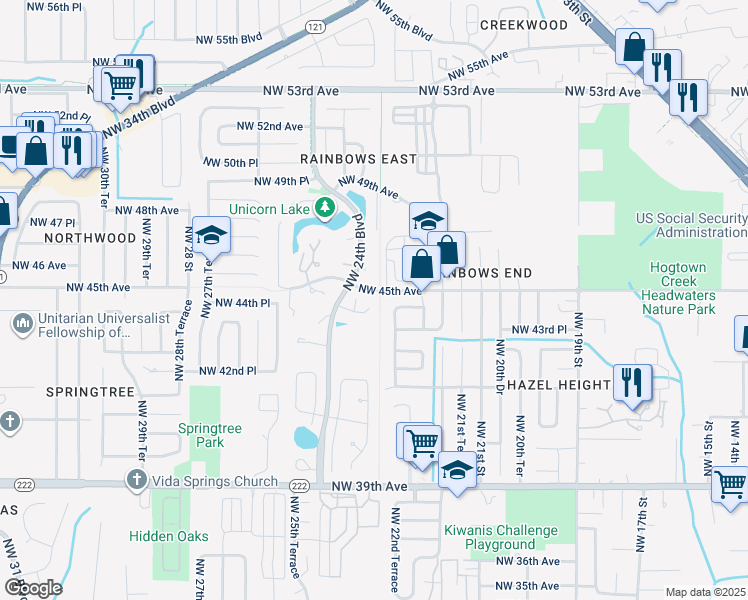 map of restaurants, bars, coffee shops, grocery stores, and more near 2310 Northwest 44th Place in Gainesville