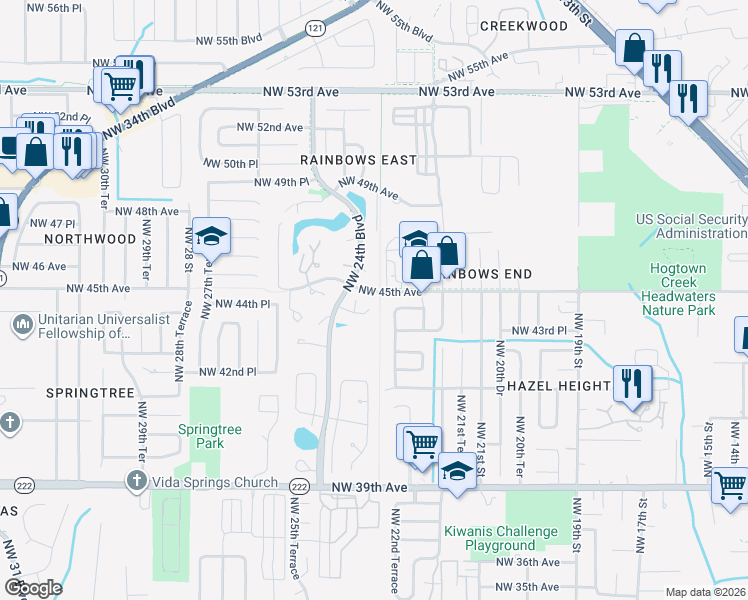 map of restaurants, bars, coffee shops, grocery stores, and more near 2310 Northwest 44th Place in Gainesville
