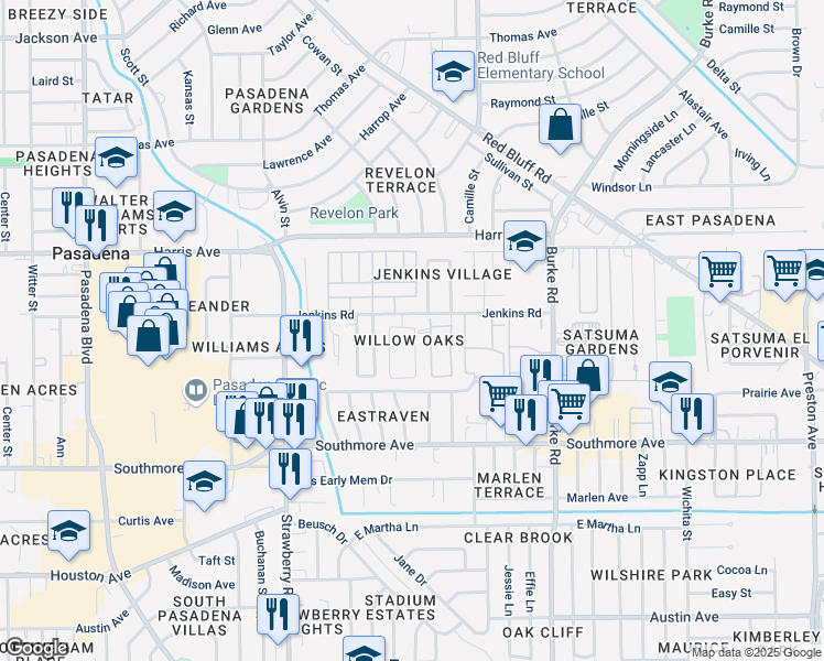 map of restaurants, bars, coffee shops, grocery stores, and more near in Pasadena