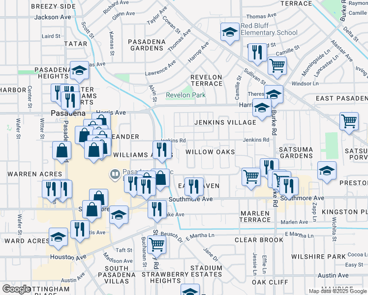 map of restaurants, bars, coffee shops, grocery stores, and more near 1502 Jenkins Road in Pasadena
