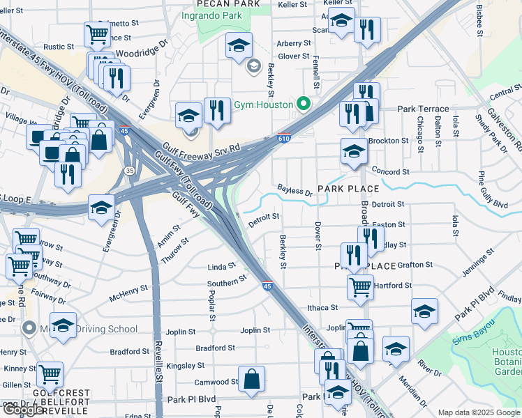 map of restaurants, bars, coffee shops, grocery stores, and more near 7817 Detroit Street in Houston