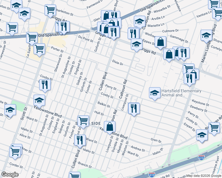 map of restaurants, bars, coffee shops, grocery stores, and more near 4524 Perry Street in Houston