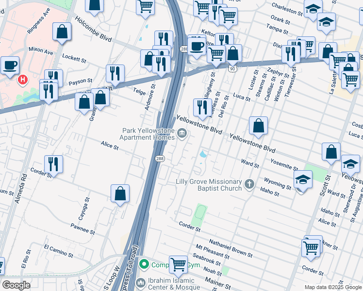 map of restaurants, bars, coffee shops, grocery stores, and more near 5522 State Highway 288 in Houston