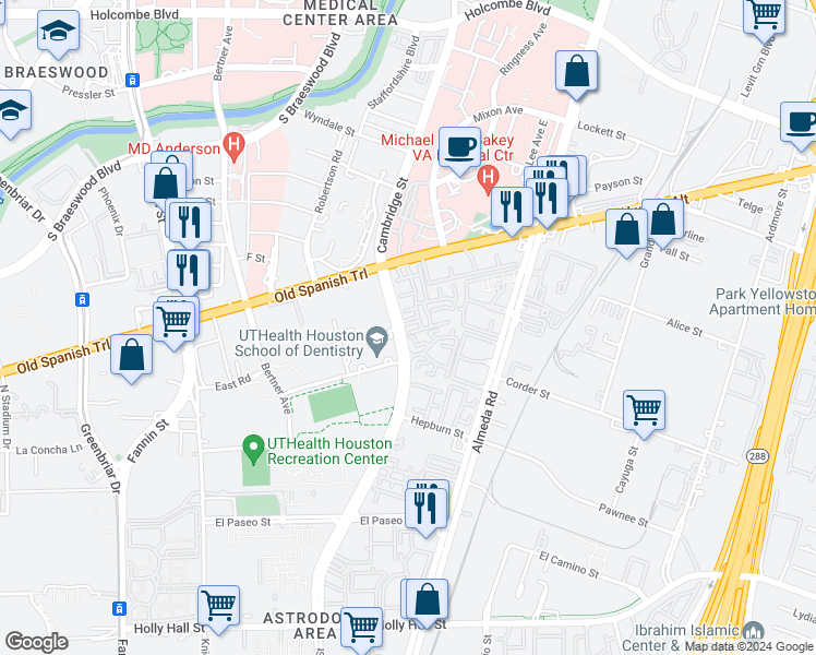 map of restaurants, bars, coffee shops, grocery stores, and more near 7447 Cambridge Street in Houston