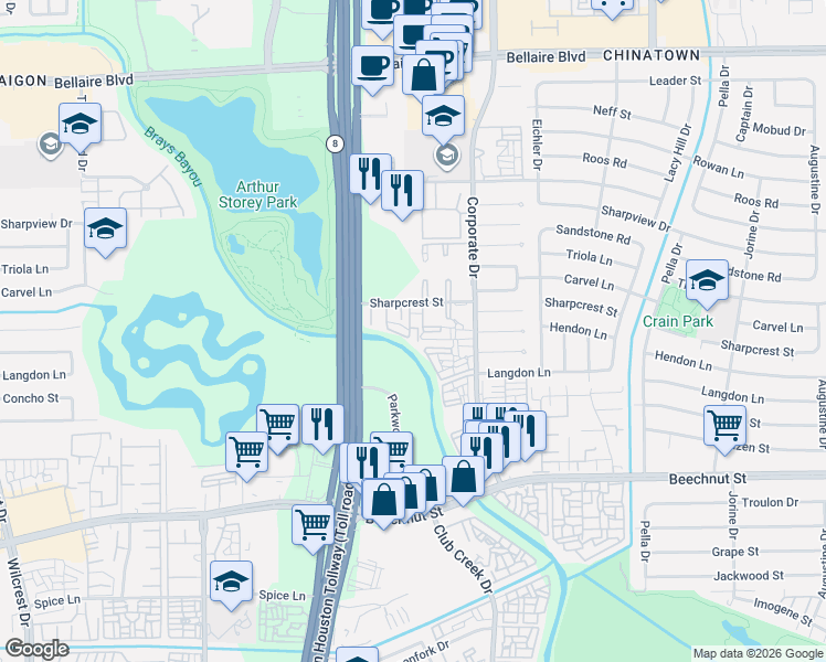 map of restaurants, bars, coffee shops, grocery stores, and more near 9901 Sharpcrest Street in Houston