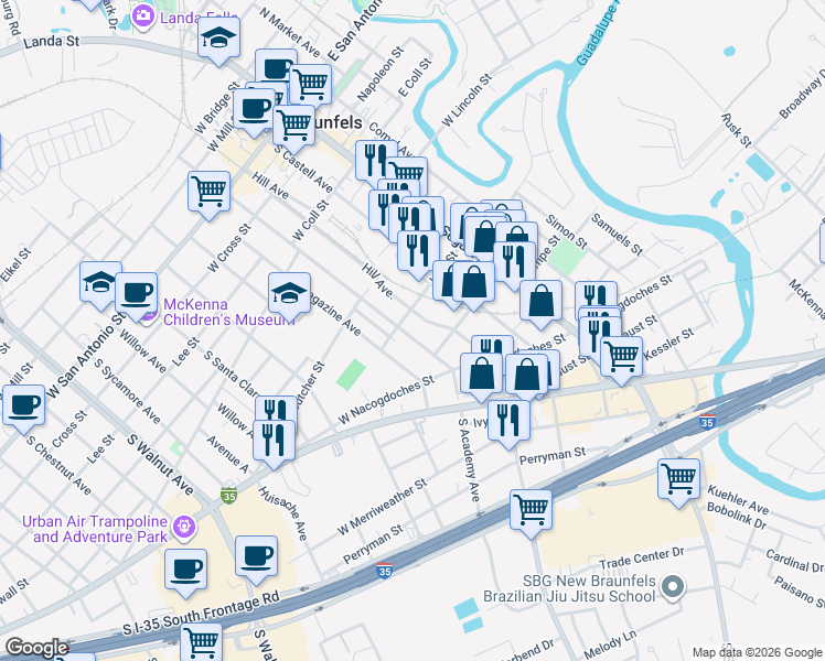map of restaurants, bars, coffee shops, grocery stores, and more near 640 Hill Avenue in New Braunfels