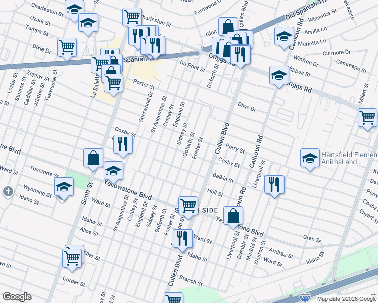 map of restaurants, bars, coffee shops, grocery stores, and more near 6327 Goforth Street in Houston