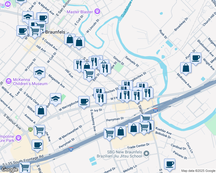 map of restaurants, bars, coffee shops, grocery stores, and more near 168 West Nacogdoches Street in New Braunfels