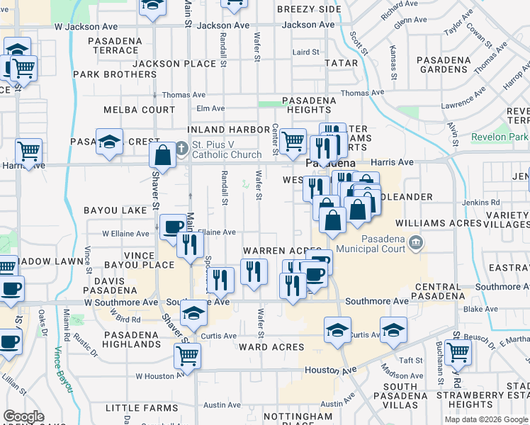 map of restaurants, bars, coffee shops, grocery stores, and more near 1011 Wafer Street in Pasadena