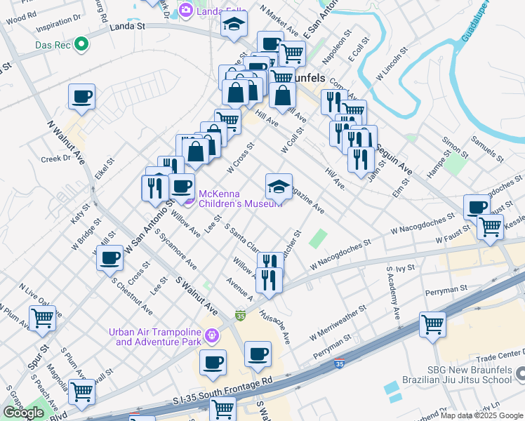 map of restaurants, bars, coffee shops, grocery stores, and more near 673 West Coll Street in New Braunfels