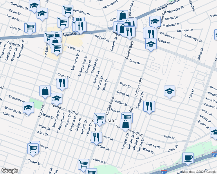 map of restaurants, bars, coffee shops, grocery stores, and more near 6318 Eastwood Street in Houston
