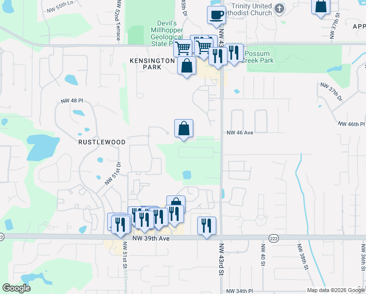 map of restaurants, bars, coffee shops, grocery stores, and more near 4415 Northwest 44 Place in Gainesville