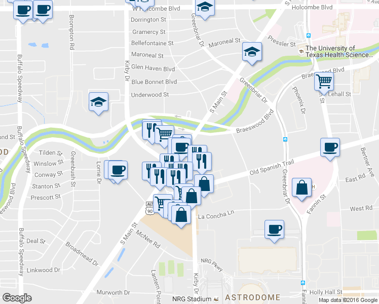 map of restaurants, bars, coffee shops, grocery stores, and more near in Houston