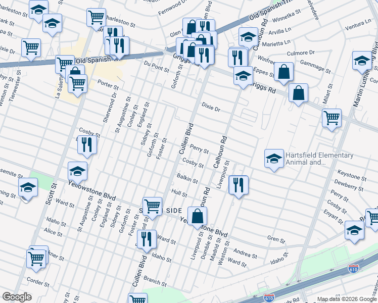 map of restaurants, bars, coffee shops, grocery stores, and more near 6310 London Street in Houston