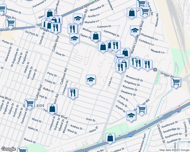 map of restaurants, bars, coffee shops, grocery stores, and more near 6020 Schroeder Road in Houston