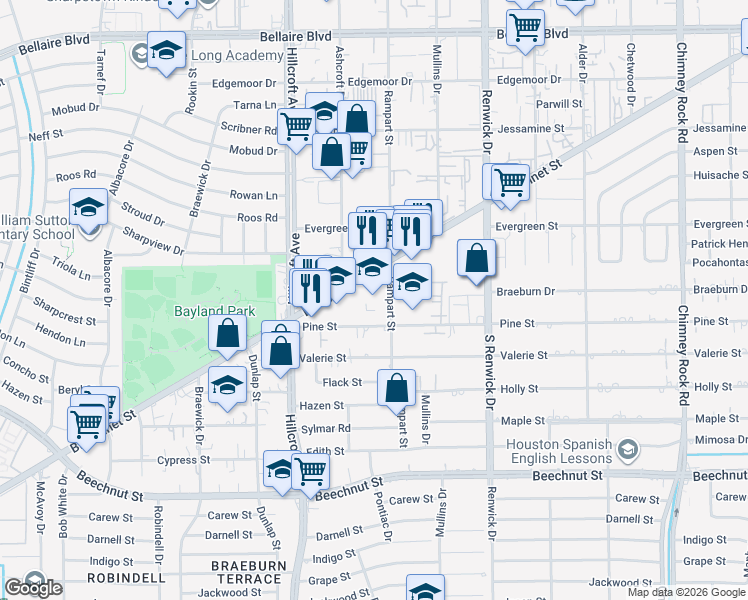 map of restaurants, bars, coffee shops, grocery stores, and more near 6109 Bissonnet Street in Houston