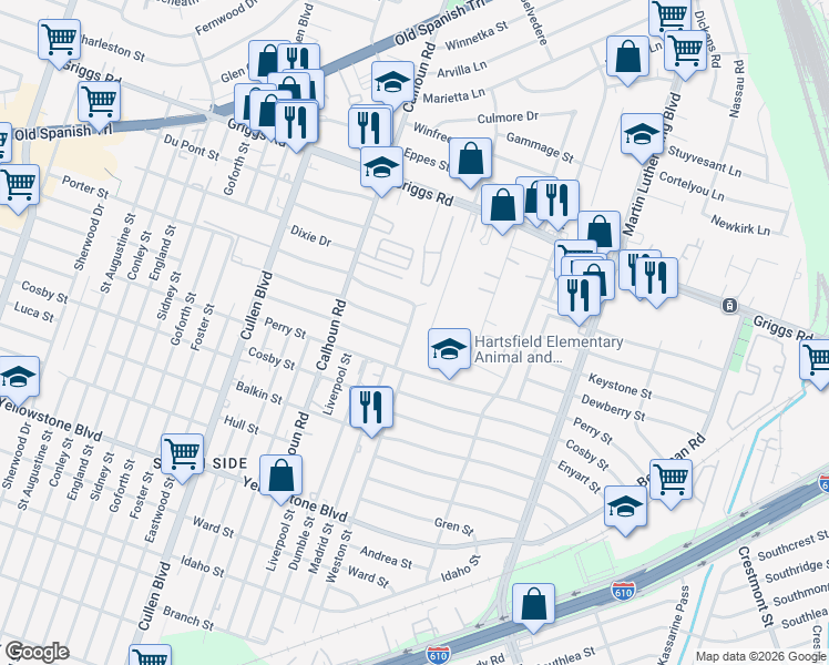 map of restaurants, bars, coffee shops, grocery stores, and more near 6207 Wayland Street in Houston