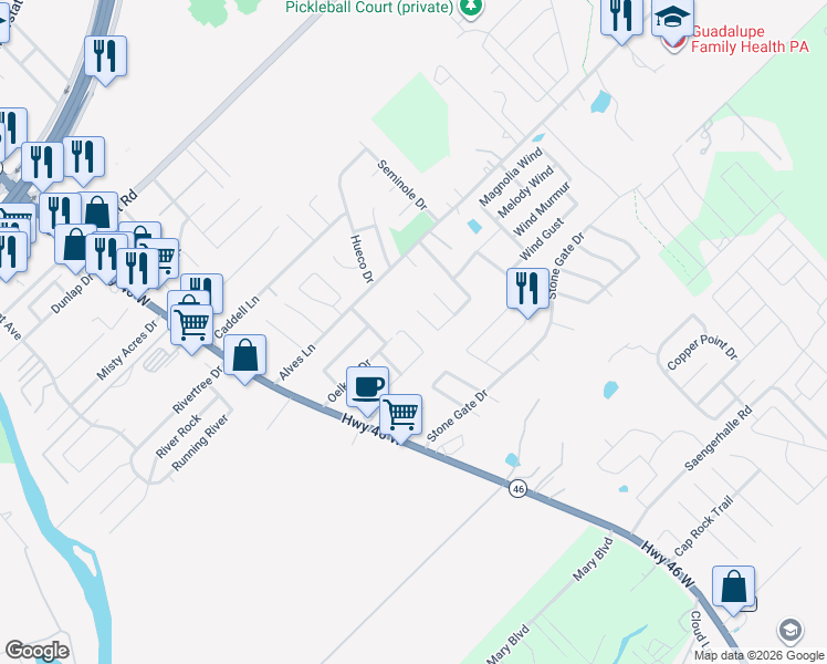 map of restaurants, bars, coffee shops, grocery stores, and more near 306 Rosalie Drive in New Braunfels