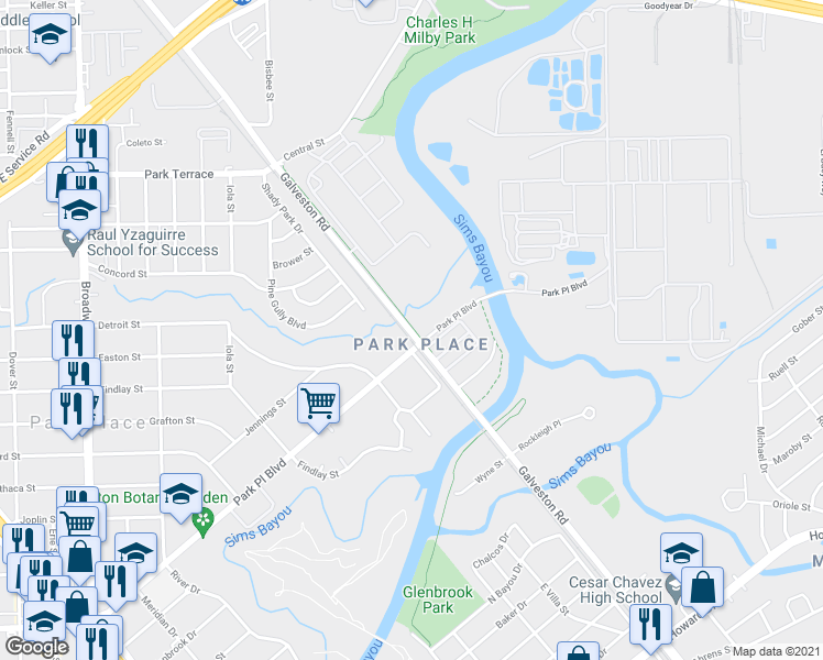 map of restaurants, bars, coffee shops, grocery stores, and more near 3925 Galveston Road in Houston