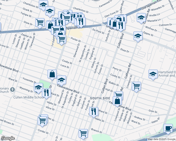 map of restaurants, bars, coffee shops, grocery stores, and more near 4206 Cosby Street in Houston