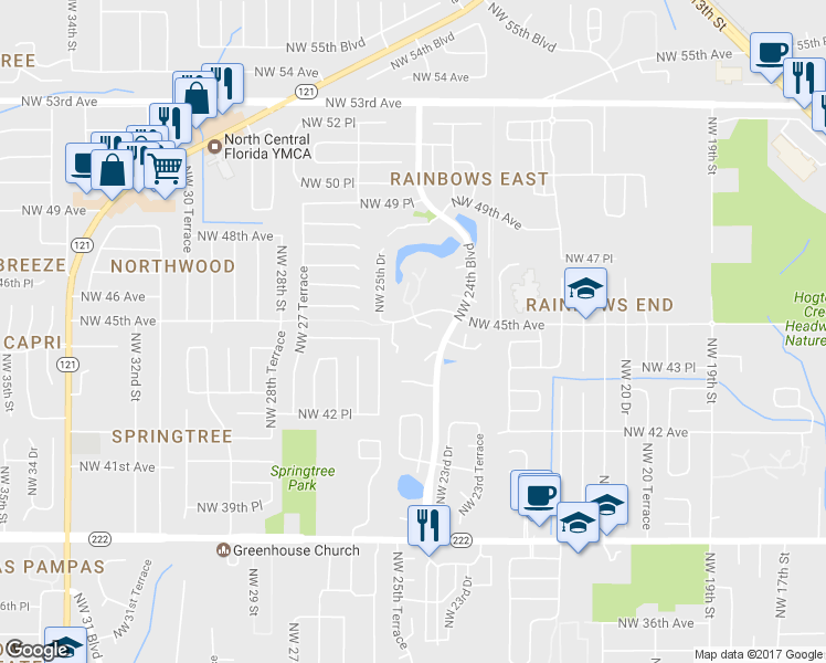 map of restaurants, bars, coffee shops, grocery stores, and more near 4456 Vienna Woods Way in Gainesville