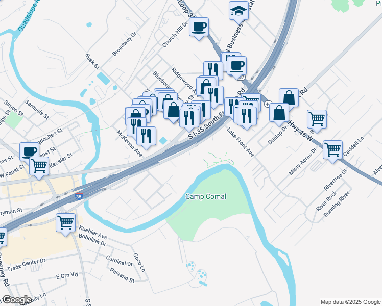 map of restaurants, bars, coffee shops, grocery stores, and more near 762 Interstate 35 in New Braunfels